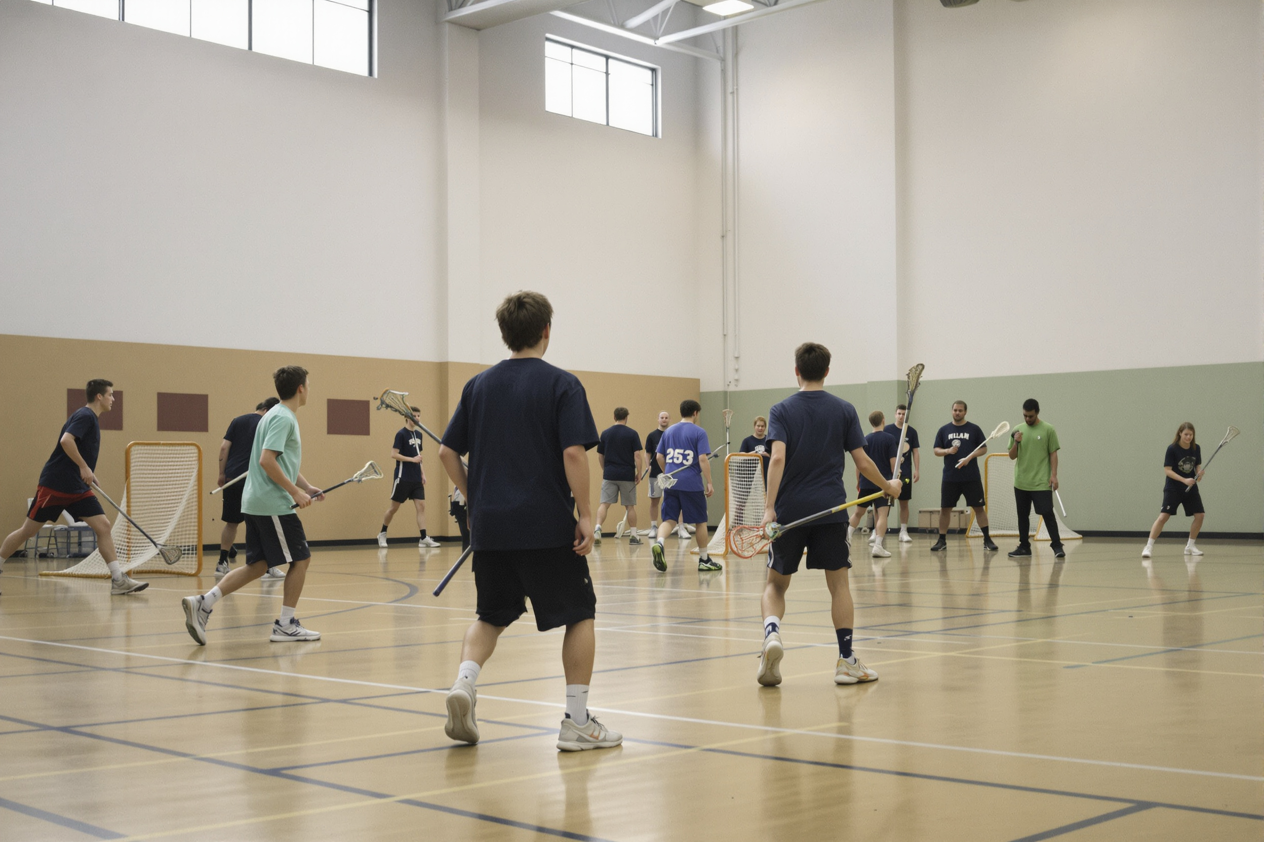 Young players learning lacrosse in a school gymnasium