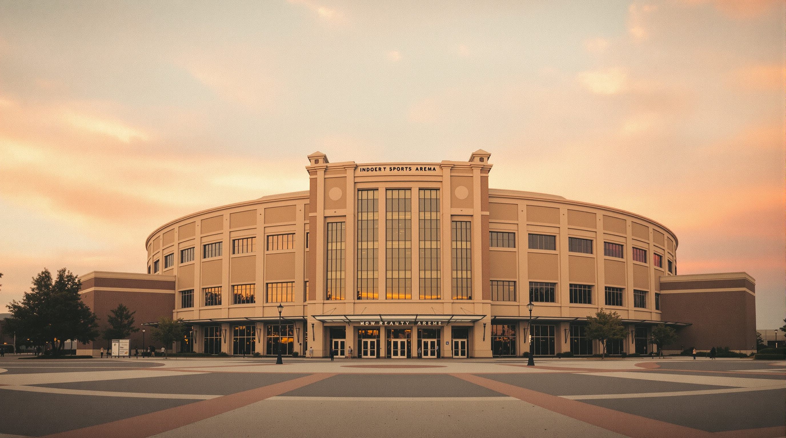 Classic indoor sports arena exterior at dusk