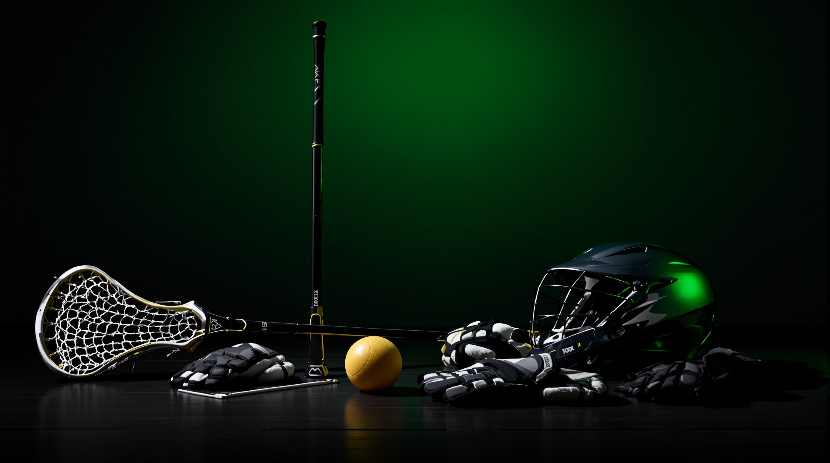 Box lacrosse stick, ball, gloves and helmet arranged on a dark surface