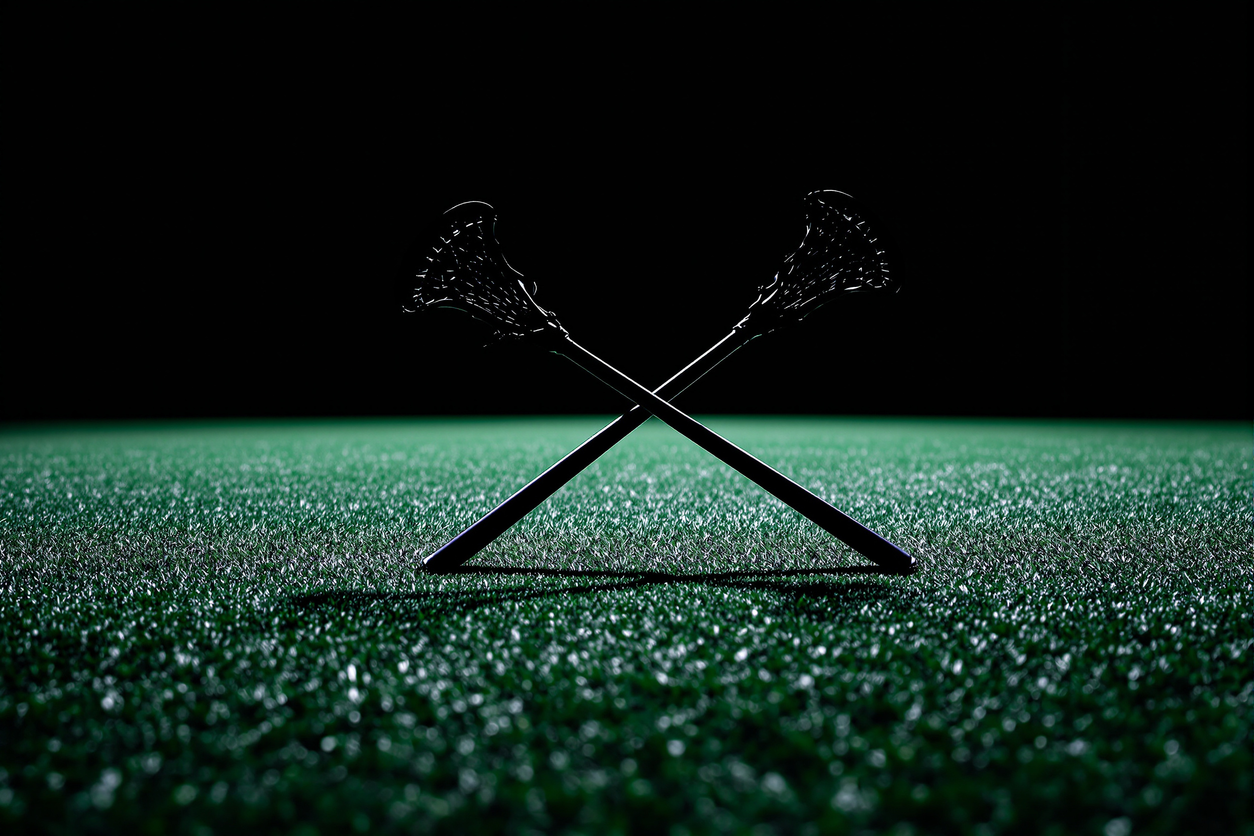 Two crossed lacrosse sticks under a spotlight on an arena floor