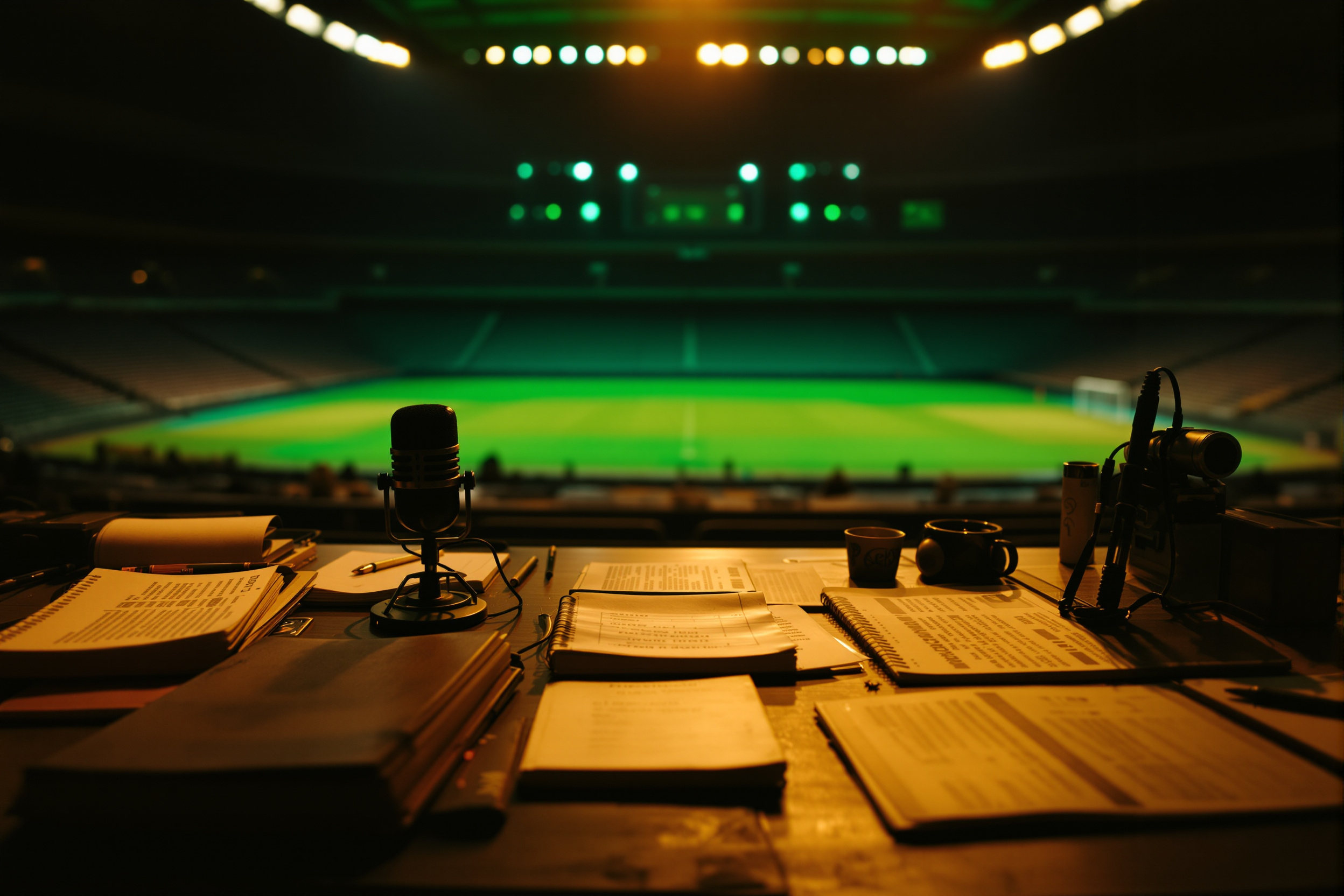 Media desk overlooking an indoor arena floor