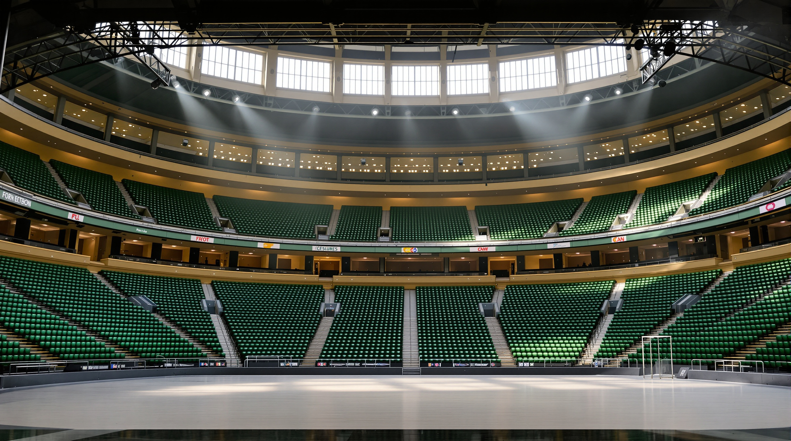 Interior bowl of a large classic indoor arena with tiered seating