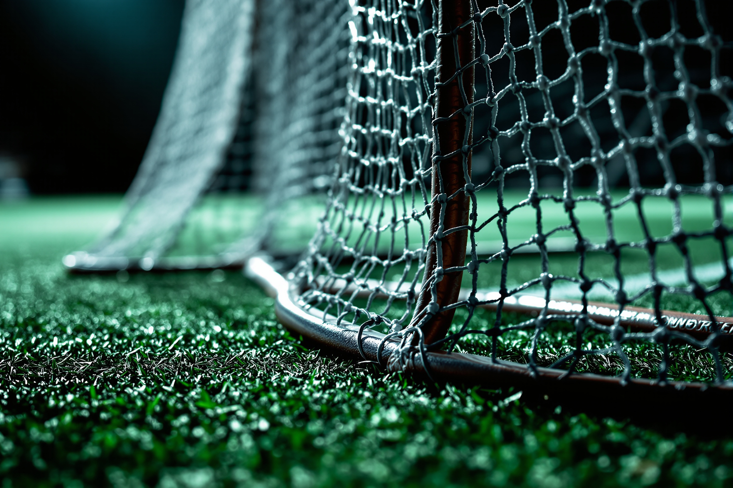 Box lacrosse goal net and crease inside an arena